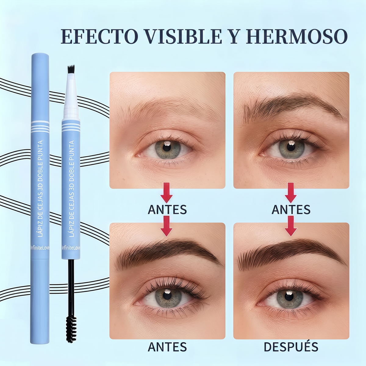 Lápiz de Cejas 3D Doble Punta - Resistente al Agua con Cepillo Espiral